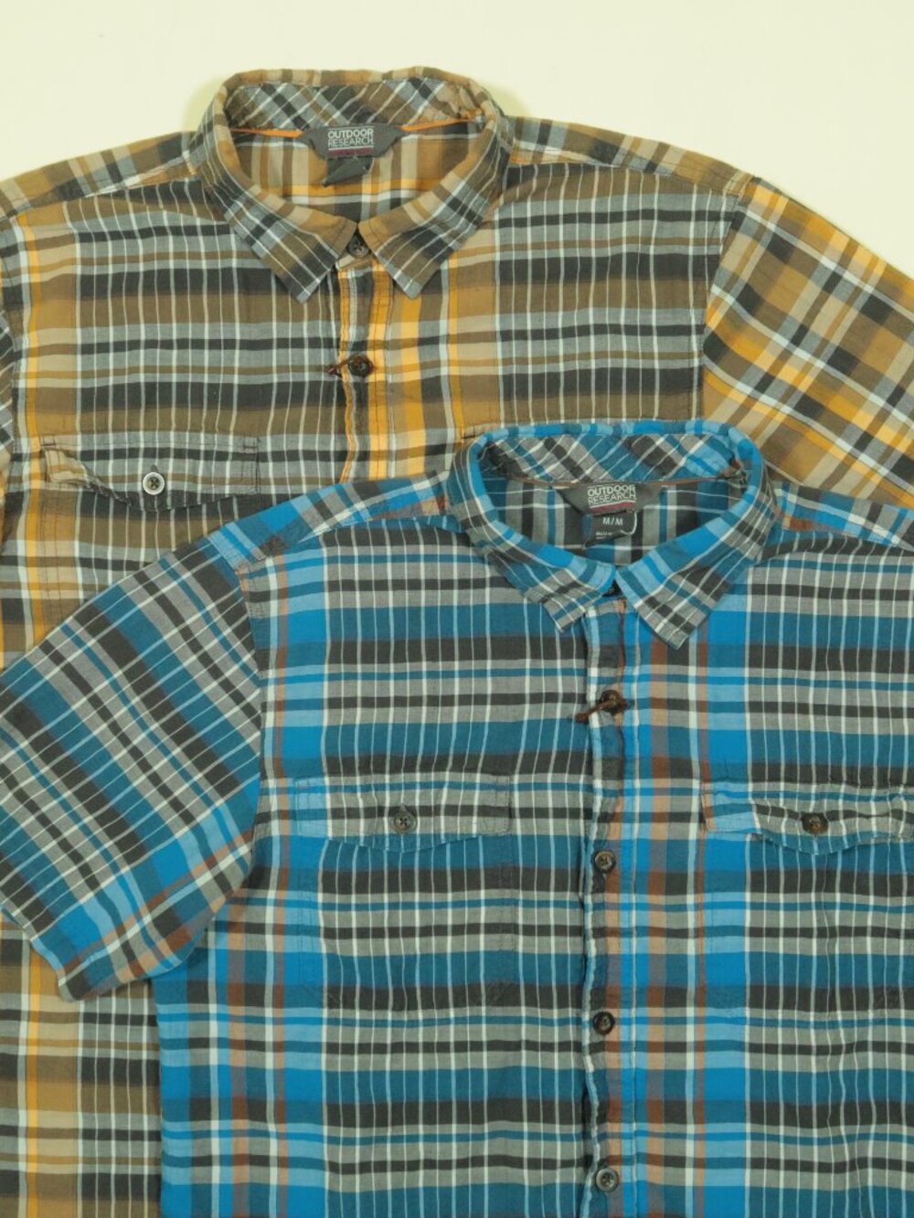 Outdoor Research Wayward Shirts Lot of 2 Mens M Blue Brown Plaid Short Sleeve
